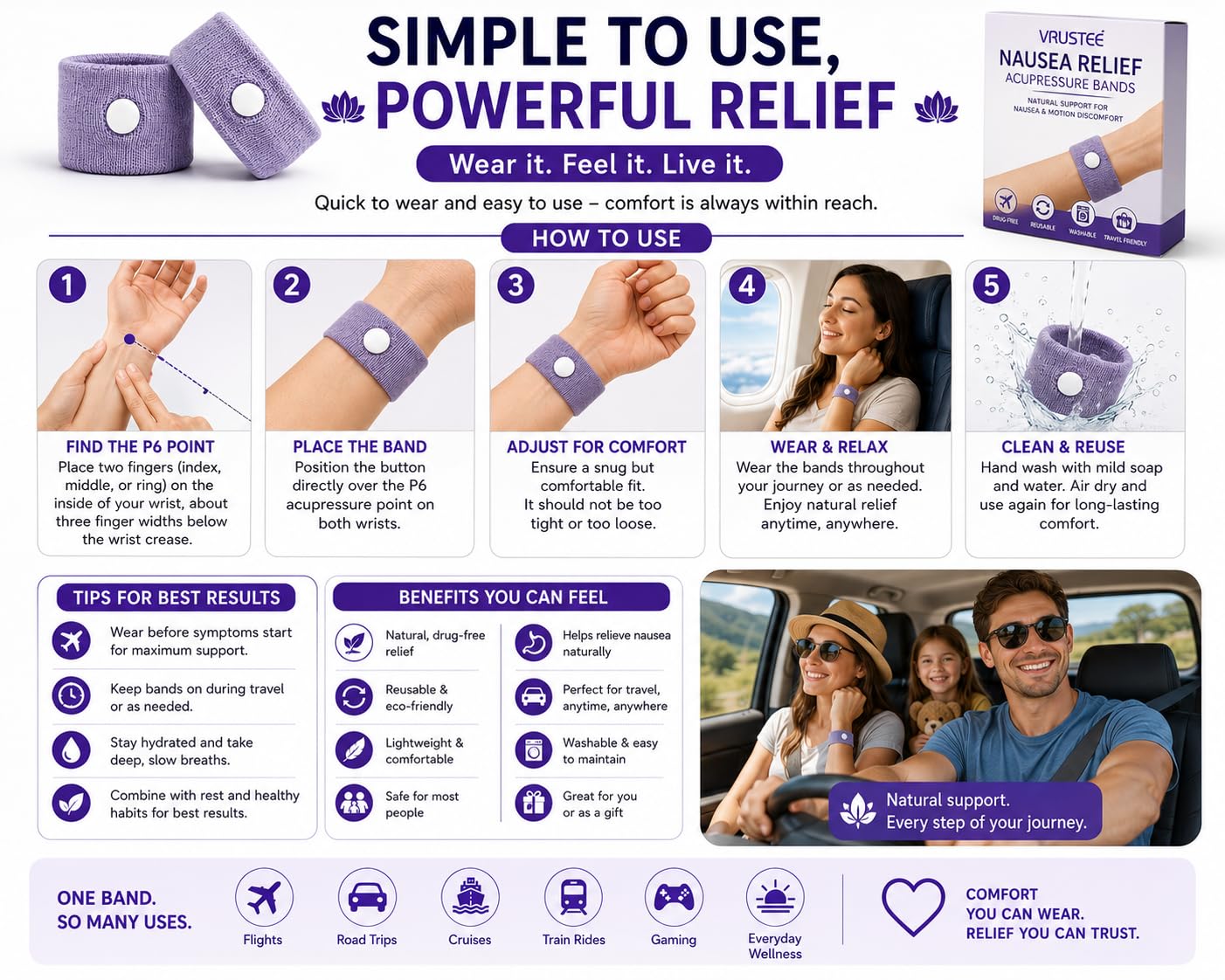 Anti-Nausea Wristband for Anxiety, Travel, Sea, Car, Air Sickness Relief Handband Pack of 1 Pair