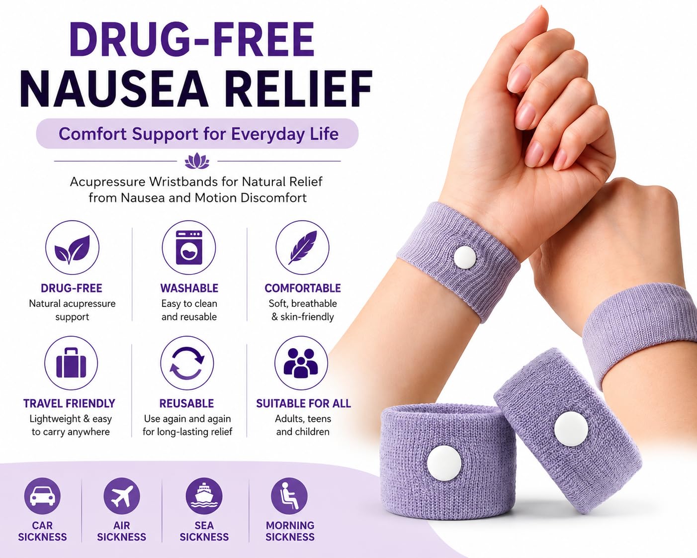 Anti-Nausea Wristband for Anxiety, Travel, Sea, Car, Air Sickness Relief Handband Pack of 1 Pair